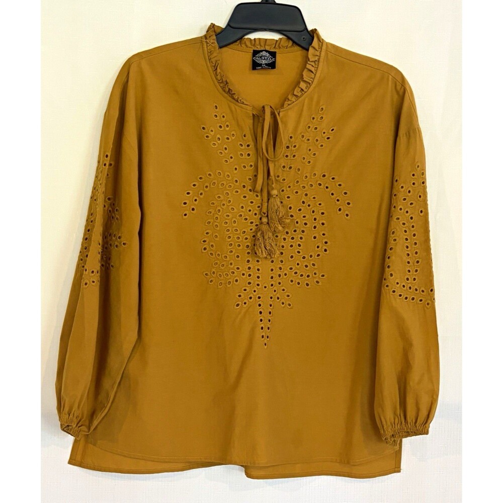 CalStyle Women's Brown Solid V-Neck Tie Eyelet Tassel Ruffle Woven Blouse M